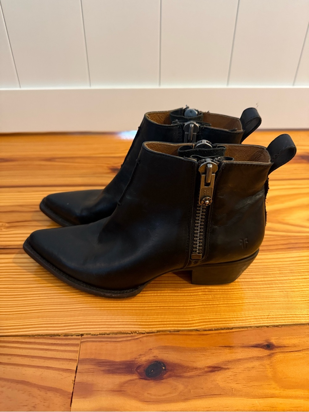 Frye Black Leather Pointed Ankle Booties with Side Zip